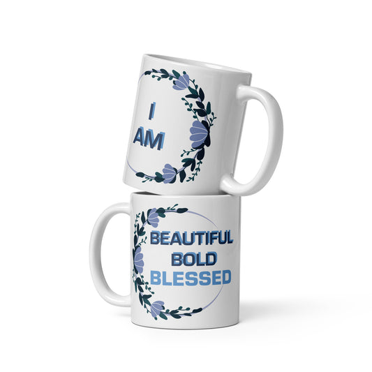 "I AM BEAUTIFUL BOLD BLESSED" White Glossy Mug